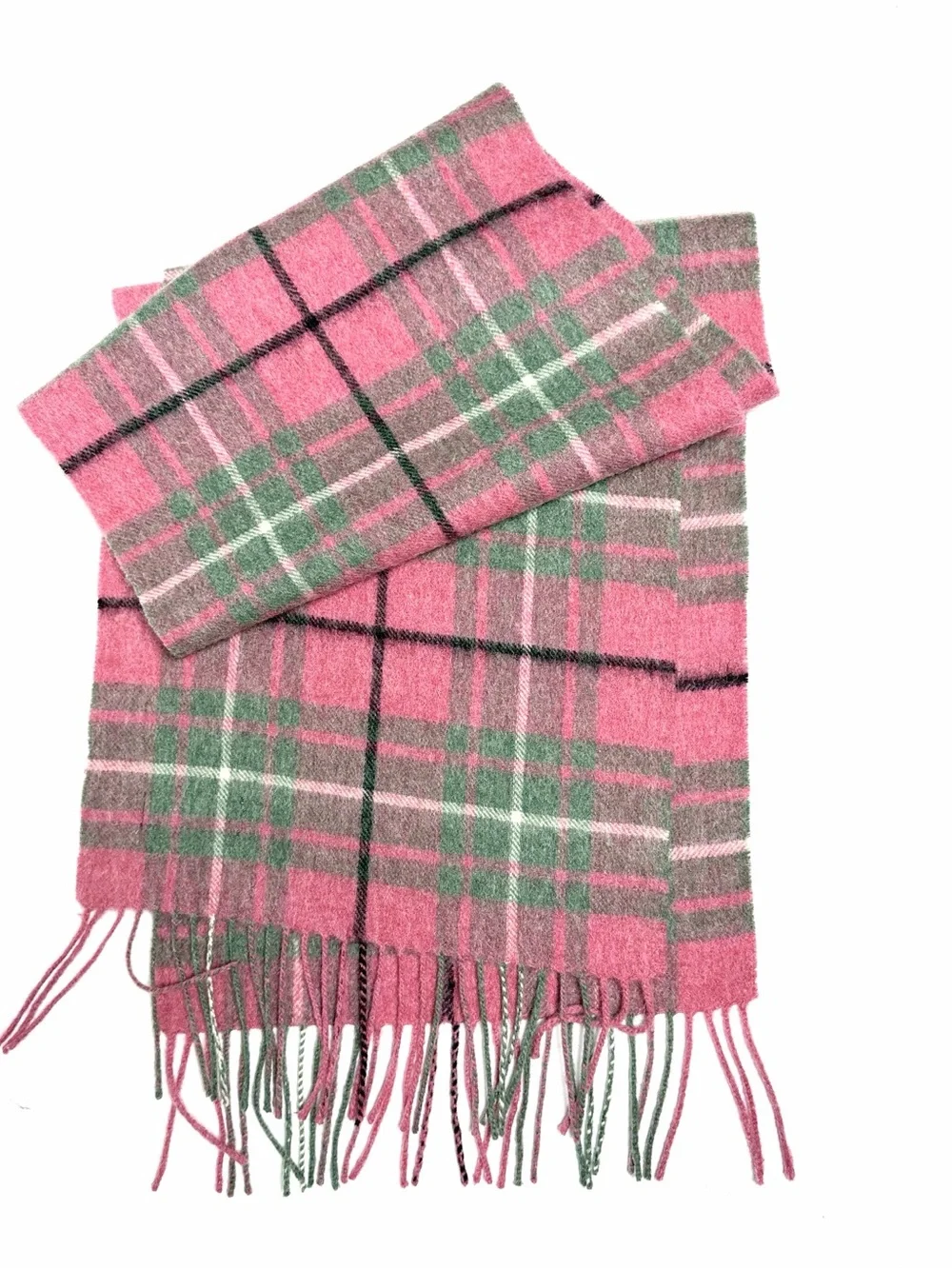 NWOT Shepard Land Lambswool Pink Green Tartan Plaid Fringed Scarf Men's Women's